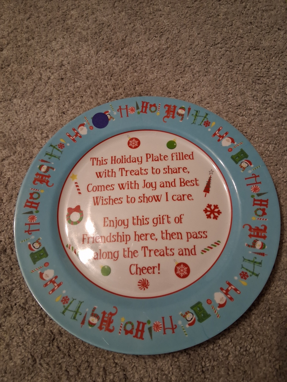 Blue Holiday Treat Plate with Festive Red Text